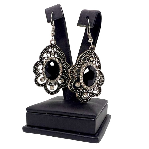 Reign the Crown Dangle Earrings Black Antique Silver Tone Rhinestone Details - Picture 1 of 9